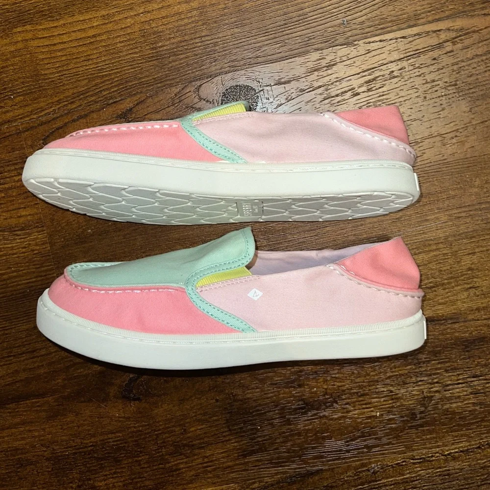 Sperry Colorblock Pink Green Pastel Canvas Slip On Memory Foam Loafers Size 6 - Picture 6 of 11